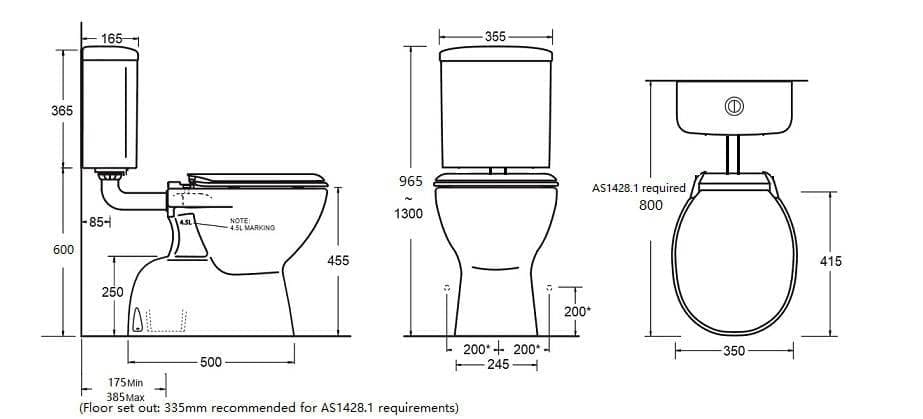 Toilet with detailed technical drawing, modern bathroom fixture, water-saving design, suitable for home renovation projects, part of building supplies from Builders Warehouse Online.