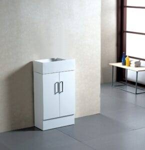 White bathroom vanity with sink for laundry or powder room, modern storage cabinet in minimalist style, ideal for home renovation projects, available at Builders Warehouse Online.