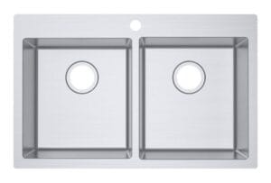 Stainless steel double kitchen sink with two basins and drain holes, perfect for modern kitchen renovation or DIY home improvement projects.