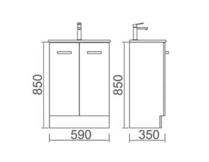Modern bathroom vanity cabinet with sink measurement diagram, showcasing dimensions and design for optimal fit and function. Ideal for bathroom renovation and plumbing projects.