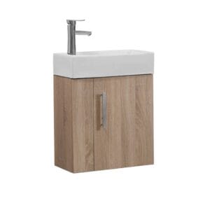 Modern bathroom vanity with wooden cabinet and integrated sink, ideal for small spaces and contemporary home interiors. Perfect for bathroom renovation projects.