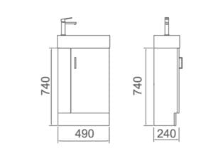 Modern bathroom vanity cabinet with dimensions 740mm height, 490mm width, and 240mm depth, perfect for home renovation and bathroom storage solutions.