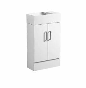 White bathroom vanity cabinet with sink and storage space, ideal for modern home renovations and kitchen or laundry room upgrades. Durable construction with sleek silver handles.