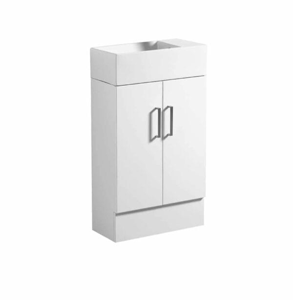 White bathroom vanity cabinet with sink and storage space, ideal for modern home renovations and kitchen or laundry room upgrades. Durable construction with sleek silver handles.