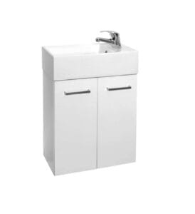 Contemporary white bathroom vanity with a built-in sink and storage cabinet, perfect for modern home renovation and plumbing upgrades.