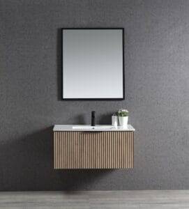 Modern bathroom vanity with a textured wood finish, integrated sink, and mirror, ideal for contemporary home renovation projects.