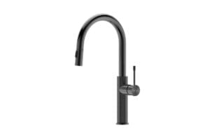 Sleek black modern kitchen faucet with pull-out sprayer, ideal for renovation or new kitchen installation. Durable, stylish, and easy to operate with a single lever handle for temperature control.