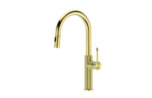 Brushed gold kitchen sink faucet with high arc spout and single lever handle for modern kitchen renovation and plumbing fixtures.