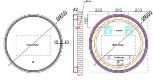 800mm diameter circular construction plan with front and back views, detailed dimensions, and electrical components for building projects.