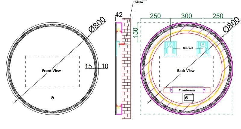 800mm diameter circular construction plan with front and back views, detailed dimensions, and electrical components for building projects.