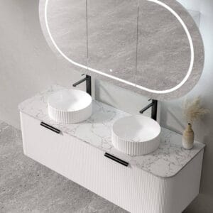 Vanity bathroom cabinet with double round sinks, marble countertop, modern style, black hardware, wall mirror, minimalist bathroom decor, neutral tones, built-in storage.