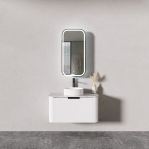 PIAZA 900mm wall hung vanity with curved handles and Calacatta stone top in modern bathroom