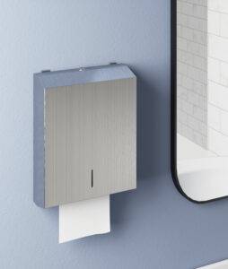 Toilet paper dispenser mounted on a wall in a modern bathroom, featuring stainless steel design and durable construction, ideal for bathroom hardware and accessories from Builders Warehouse Online.