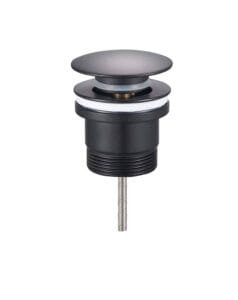 Black drain stopper assembly with threaded connection for bathroom or kitchen sink installation. Durable construction suitable for plumbing fixtures.