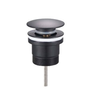 Black drain stopper assembly with threaded connection for bathroom or kitchen sink installation. Durable construction suitable for plumbing fixtures.