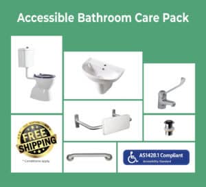 Accessible Bathroom Care Pack with blue seat and buttons complete AS1428 compliant bathroom solution