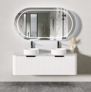 PIAZA 1500mm wall hung vanity with curved handles and stone top in a luxury bathroom