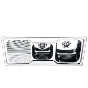 Stainless steel double kitchen sink with integrated drainboard, modern design, and durable construction for home or commercial kitchens. Perfect for kitchen renovation and plumbing needs.