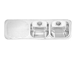 Stainless steel double kitchen sink with drainer and two basins, ideal for modern kitchens. Heavy-duty construction, corrosion-resistant, perfect for home renovation and appliance installation.