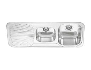 Stainless steel kitchen sink with dual basins and integrated draining board, ideal for modern home kitchens. Durable, easy to clean, and perfect for DIY kitchen renovations and upgrades.