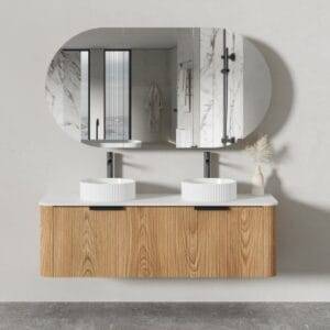 Modern bathroom vanity with double vessel sinks, stylish wooden cabinet, and contemporary round mirrors emphasizing sleek, functional design and high-quality bathroom fixtures.