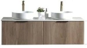 Modern double vanity sink with two round vessel basins and wooden slat cabinet, ideal for contemporary bathroom designs. Perfect for stylish renovations and quality bathroom fixtures.