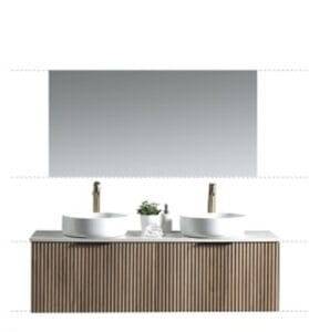 Modern bathroom vanity with two vessel sinks, wooden cabinetry, and a large wall mirror, ideal for stylish home renovations and bathroom upgrades.