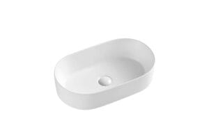 Modern white oval bathroom sink for home renovation or renovation projects. Durable ceramic material with sleek design, ideal for bathrooms or powder rooms.