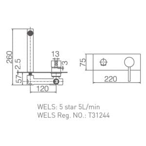 High-quality plumbing component technical drawing with measurements and specifications for bathroom or kitchen installation. Ideal for builders and trades professionals focusing on plumbing supplies.