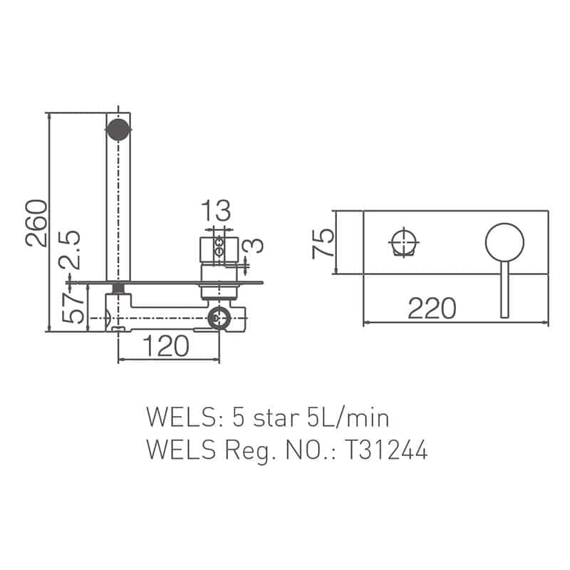 High-quality plumbing component technical drawing with measurements and specifications for bathroom or kitchen installation. Ideal for builders and trades professionals focusing on plumbing supplies.