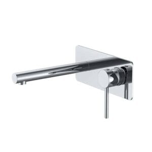Chrome wall-mounted kitchen faucet with adjustable temperature control and modern design.