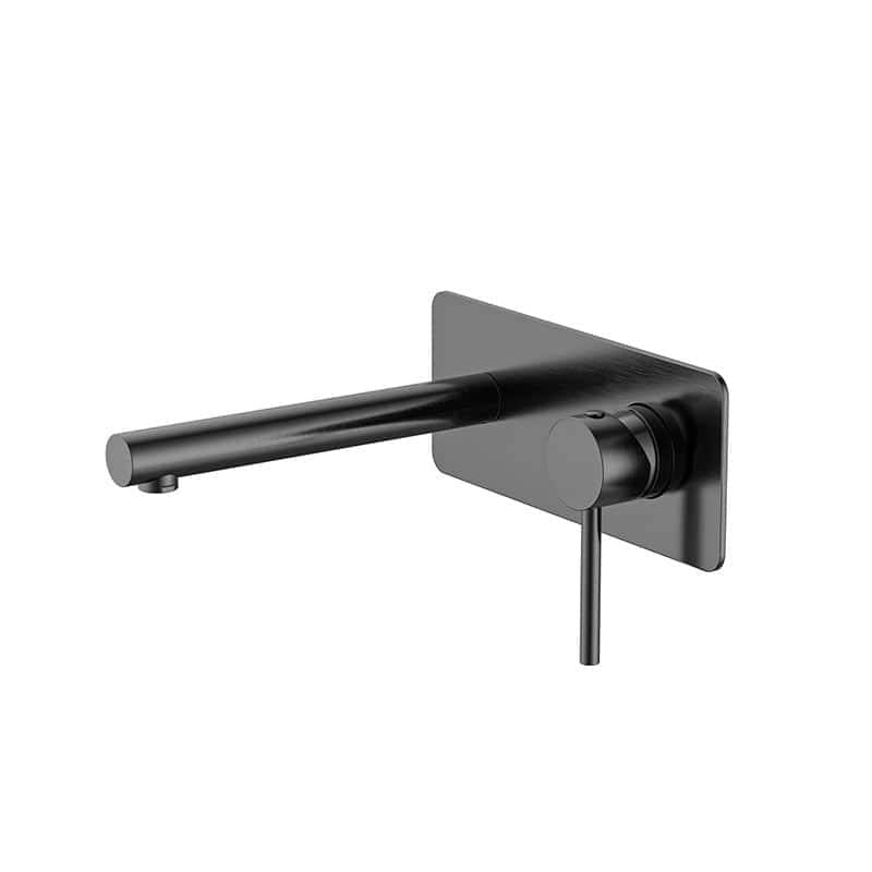 Brushed stainless steel wall-mounted kitchen sink faucet with lever handle and modern design for home renovation.