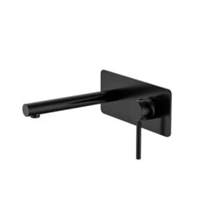 Black modern wall-mounted faucet for bathroom or kitchen sink, minimalist design, sleek matte finish, durable brass material for residential and commercial use, Builder's Warehouse Online.