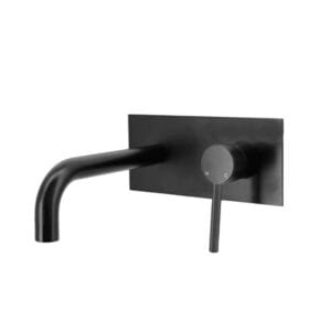 Black wall-mounted kitchen faucet with single lever control, modern industrial design, suitable for residential and commercial kitchens. Perfect for stylish, functional kitchen upgrades.