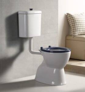 Toilet with dual flush system in a modern bathroom setting.