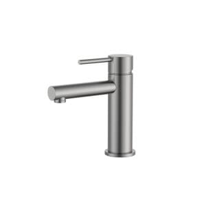 Stainless steel kitchen faucet with modern cylindrical design and single lever handle, ideal for contemporary kitchen renovation. Perfect for residential or commercial use.