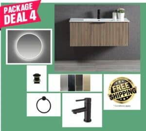 Modern bathroom vanity with black faucet and accessories, wood paneling, and LED backlit mirror, ideal for stylish home renovations.