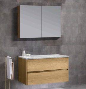 Modern wooden bathroom vanity with a marble countertop and wall-mounted mirror cabinet, perfect for contemporary bathroom decor.