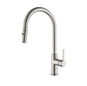Sleek stainless steel kitchen faucet with high-arc spout, ideal for modern kitchens and easy cleaning, available at Builders Warehouse Online.