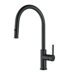 High-quality matte black kitchen tap with single lever and curved spout, suitable for modern kitchen sinks, durable and stylish fixture for home renovation projects.