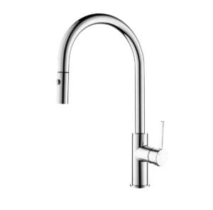 Sleek chrome kitchen faucet with high-arc spout and single handle for modern kitchen sink upgrades. Durable design perfect for residential or commercial use. Easy to install and clean.