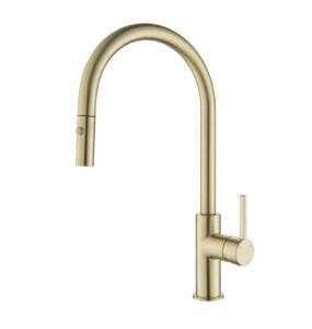 Brushed gold kitchen faucet with pull-down spray, modern design, high-quality stainless steel, single handle for easy temperature control, ideal for home renovation and kitchen upgrades.
