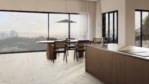 Modern dining room with large floor-to-ceiling windows offering city views, featuring a wooden dining table, rattan chairs, and minimalist decor for stylish interior design.