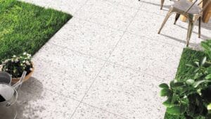 Cream terrazzo outdoor tiles with a textured surface for garden patios and outdoor living spaces. Perfect for durable, stylish, and easy-to-maintain outdoor flooring solutions.