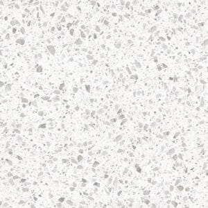 Bright white terrazzo countertop with small grey and white aggregate chips, ideal for modern kitchen and bathroom renovations, available at Builders Warehouse Online.