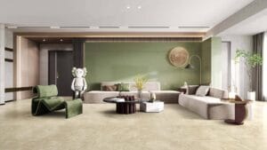 Vibrant contemporary living room with green accent wall, modern furniture, decorative lighting, and indoor plants in a stylish home interior.