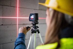 How To Choose The Right Tiler For Your Project 4 Laser level being used for precise construction measurements at a building site.
