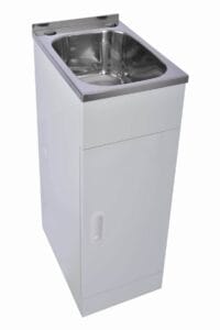 Stainless steel cold water sink with storage cabinet for commercial kitchens and laundry rooms. Durable, hygienic, ideal for food prep and cleaning tasks. Compact design for space-saving solutions.