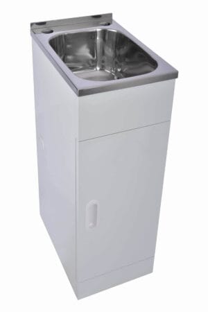 Stainless steel cold water sink with storage cabinet for commercial kitchens and laundry rooms. Durable, hygienic, ideal for food prep and cleaning tasks. Compact design for space-saving solutions.