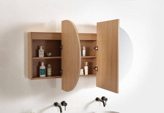 Bamboo bathroom wall cabinet with mirror, storage shelves and doors for toiletries and accessories, mounted above sink.